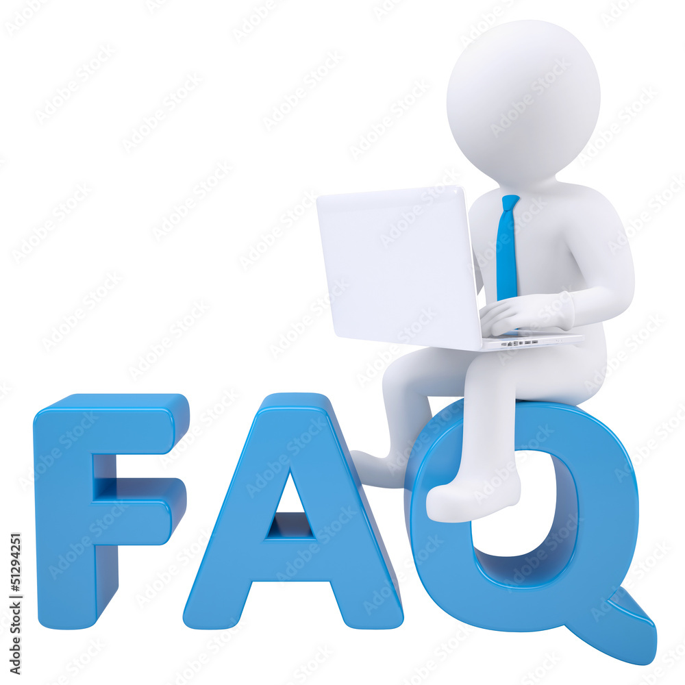 3d white man with laptop sitting on the word FAQ