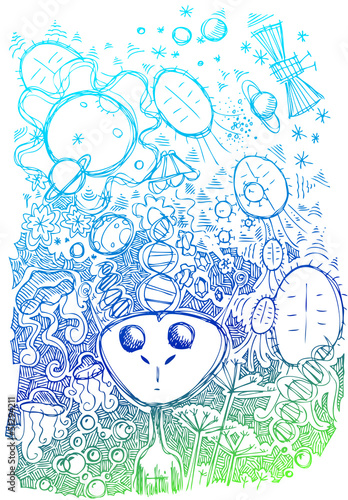Sketchy doodle illustration about life in cosmos.