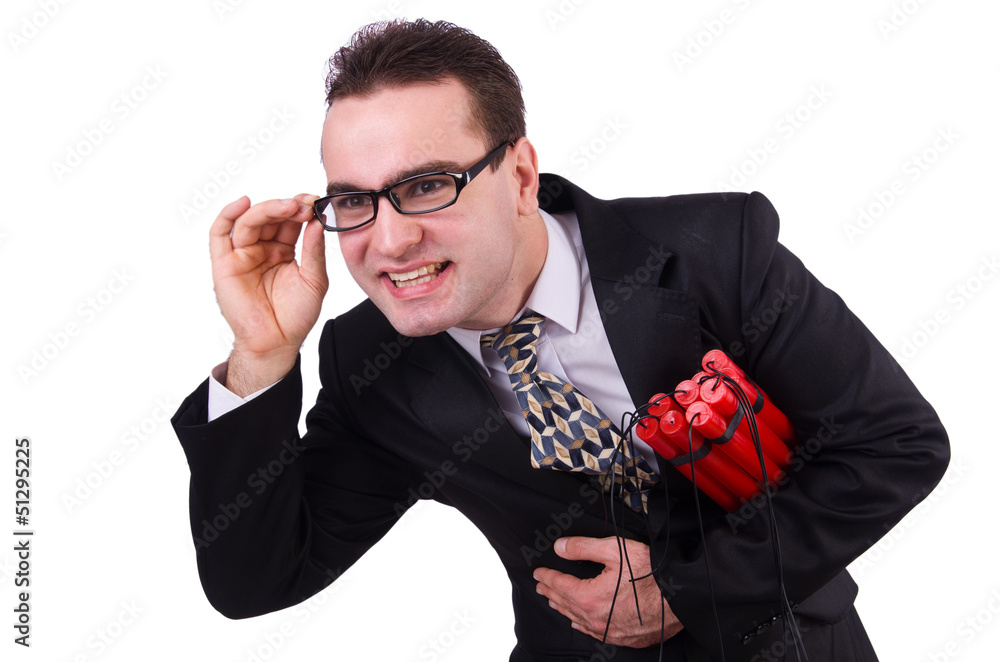 Businessman with dynamite isolated on white