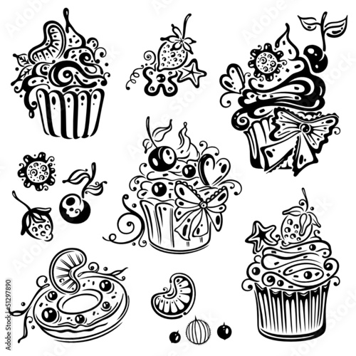Geburtstag, Kaffee, Kuchen, Muffins, vector set
