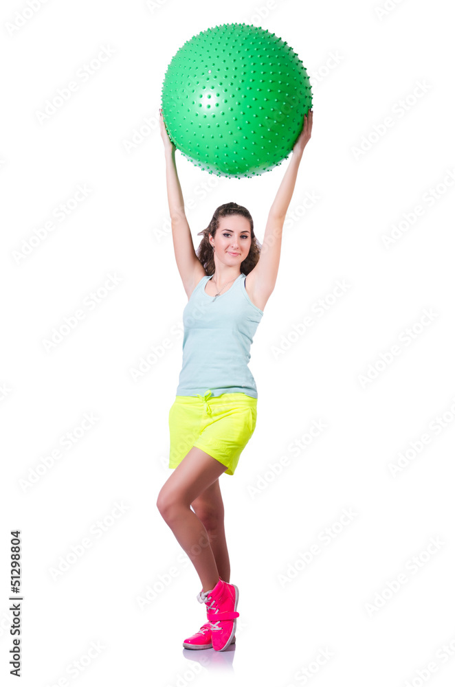 Young woman with ball exercising on white Young woman with ball exercising on white