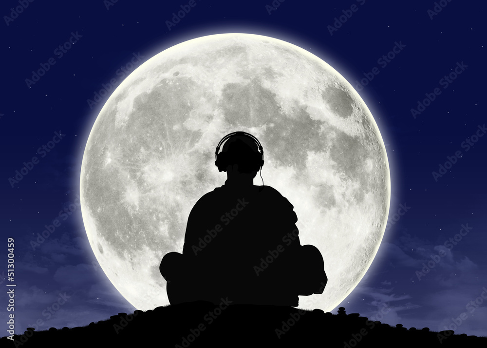 monk listening zen music at the full moon
