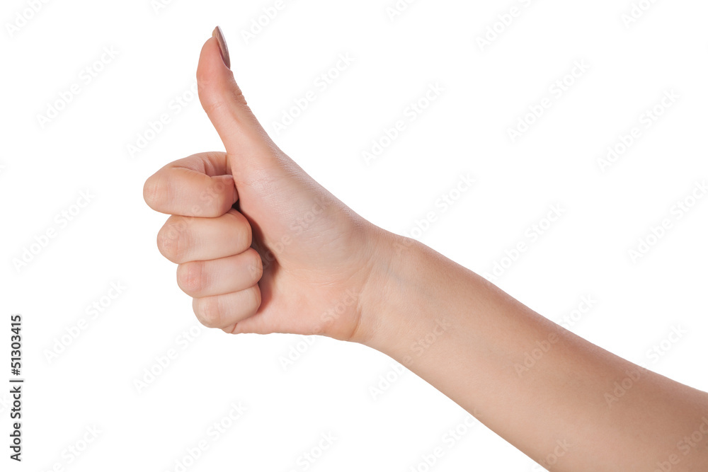 Female hand showing thumbs up sign isolated on white Female hand showing thumbs up sign isolated on white