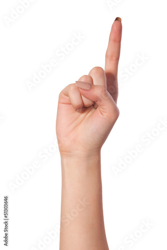 Woman index finger on a white background