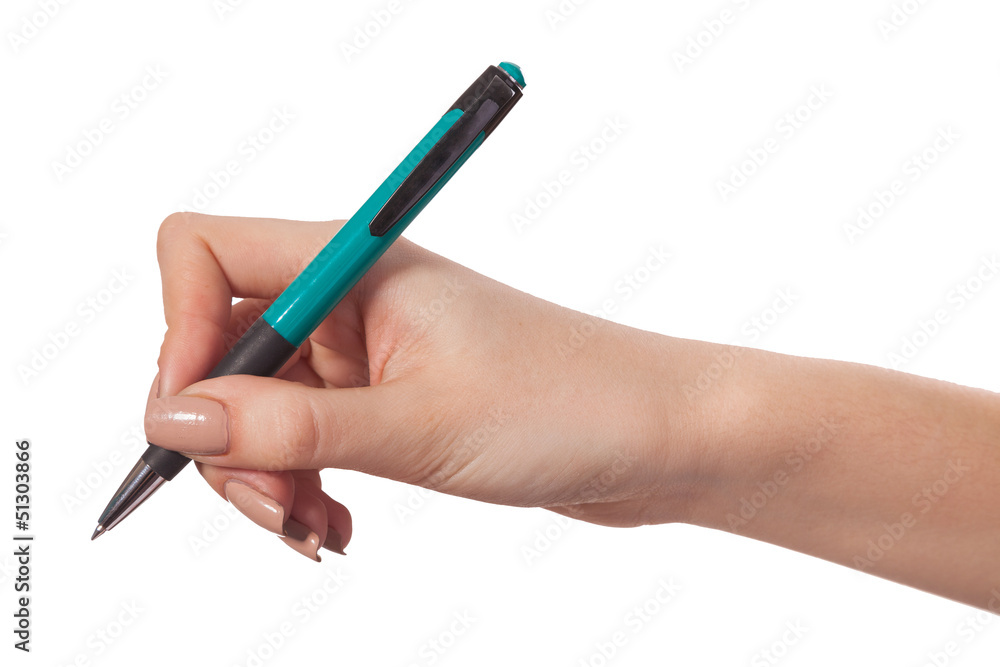 Hand hold a pen writing on the white Hand hold a pen writing on the white