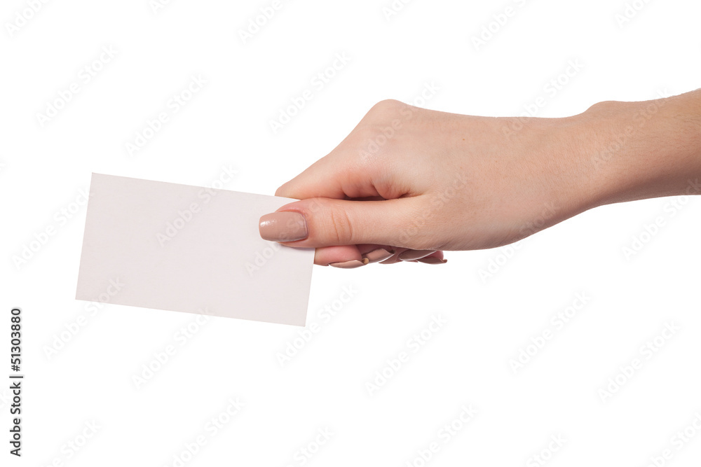 Businesswoman's hand holding blank business card Businesswoman's hand holding blank business card