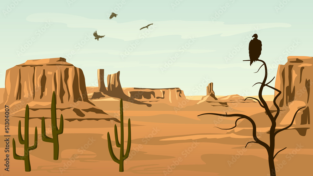 Horizontal cartoon illustration of prairie wild west. - obrazy, fototapety, plakaty 