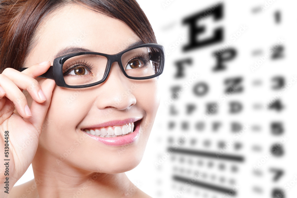 Naklejka premium woman with glasses and eye test chart