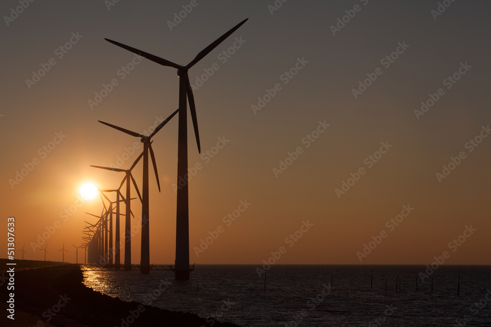Silhouette of Windturbines with sunset