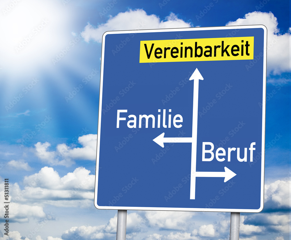 Wegweiser mit Vereinbarkeit, Familie und Beruf Wegweiser mit Vereinbarkeit, Familie und Beruf