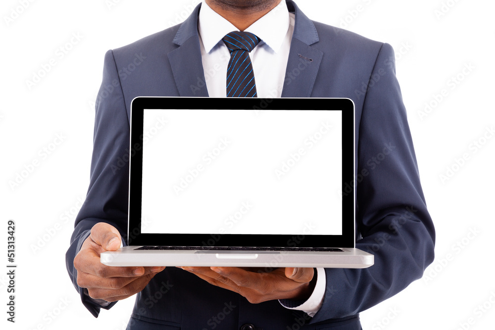 African American business man with a laptop computer isolated ov African American business man with a laptop computer isolated ov