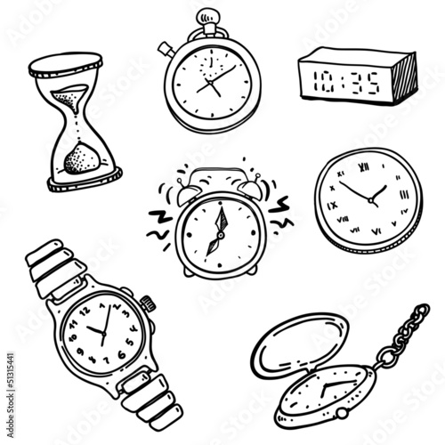 hand drawn set of doodle clocks and watches
