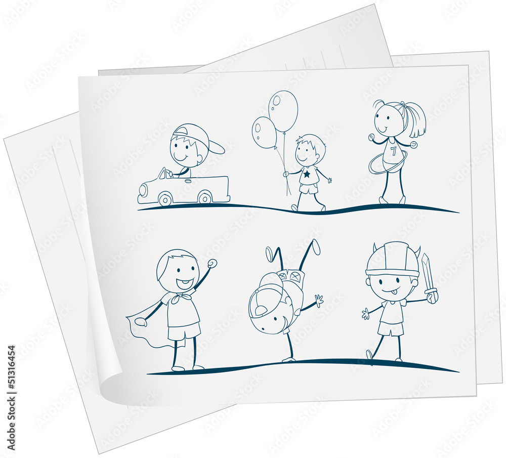 A paper with a sketch of kids playing A paper with a sketch of kids playing