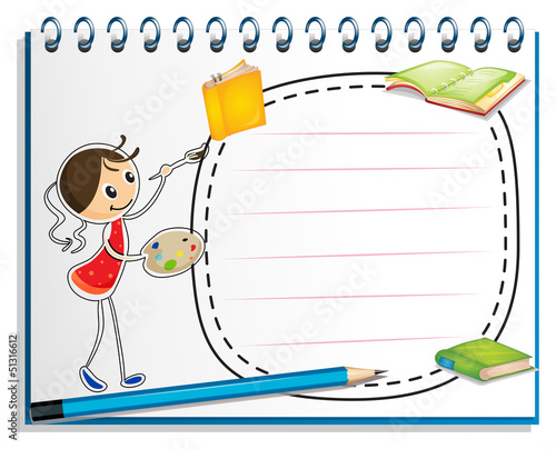 A notebook with a sketch of a young girl painting