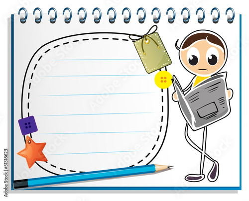 A notebook with a sketch of a man reading