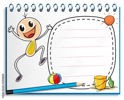 A notebook with a drawing of a child jumping