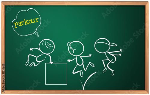 A blackboard with kids doing parkour