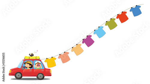 A red car with hanging clothes