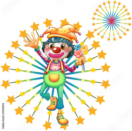 A firework display with a clown