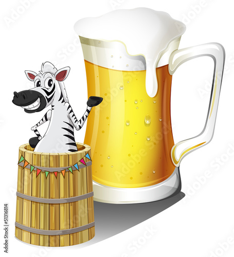 A zebra inside a wooden container with a glass of beer at the ba
