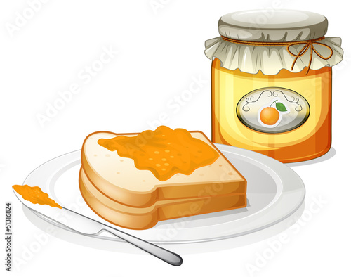 A sandwich in a plate with an orange jam