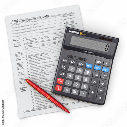 Tax Return 1040, calculator and pencil on white background