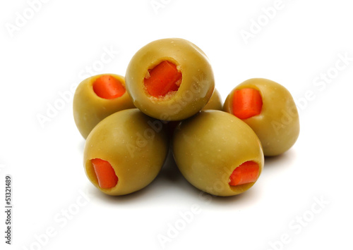 Canvas Print stuffed green olives on a white background