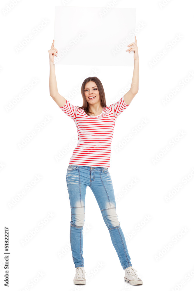 Casual young woman holding a white board Casual young woman holding a white board