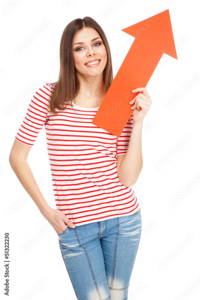 Young casual woman with an arrow Young casual woman with an arrow