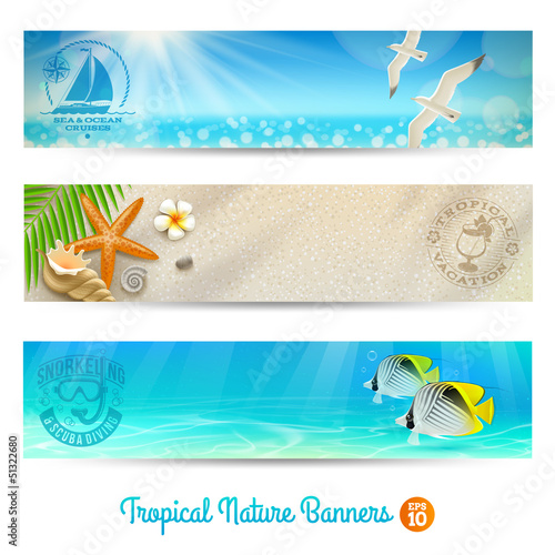 Travel and vacation vector banners with tropical natures
