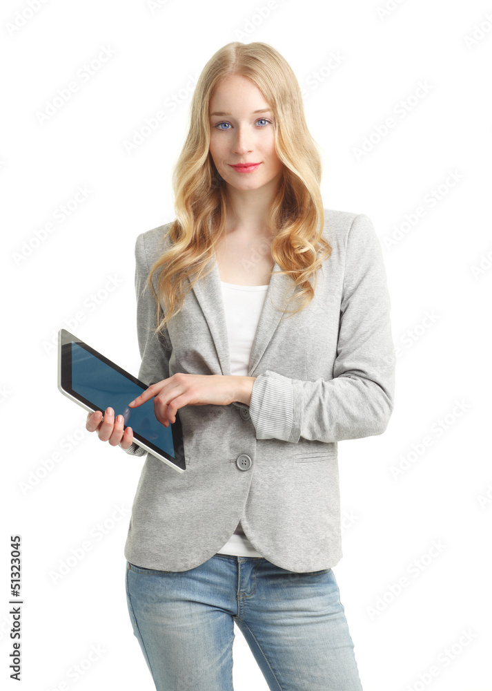 Young female student holding a digital tablet Young female student holding a digital tablet