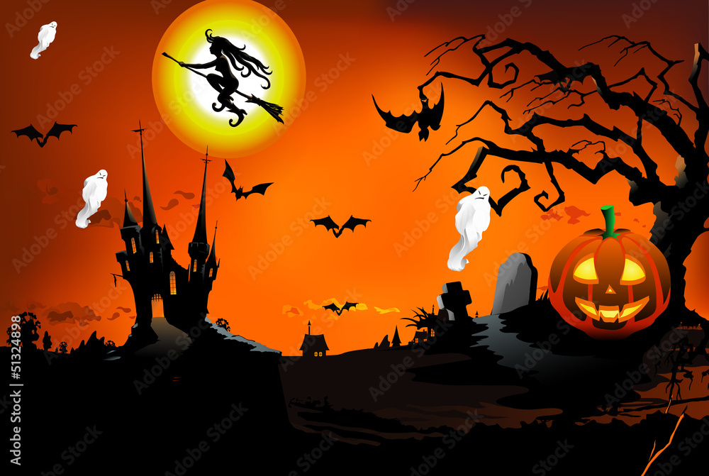 halloween background.The glowing halloween pumpkins, tree, grave