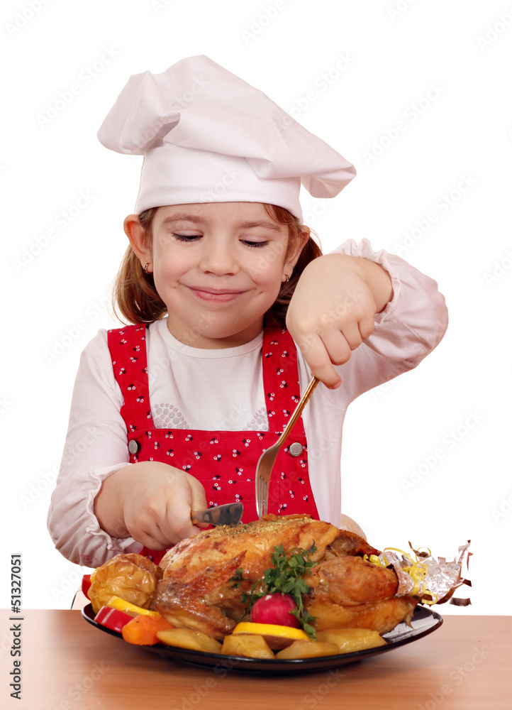 little girl cook eat roasted chicken
