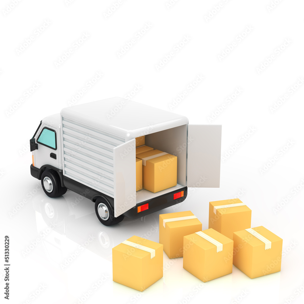A truck and cardboard box A truck and cardboard box