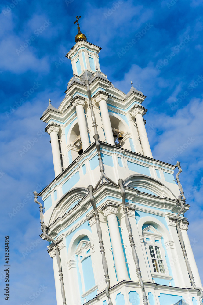 High orthodox church on a blue sky background. belfry  building