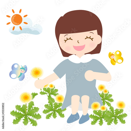春夏　たんぽぽ　お花摘み　子供　蝶