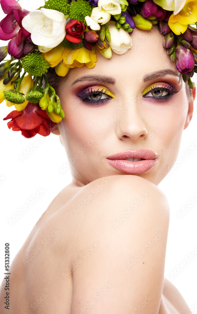 Woman with hairstyle and freesia flower. Isolated. Woman with hairstyle and freesia flower. Isolated.