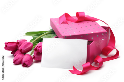 Pink tulips,blank card and gift box