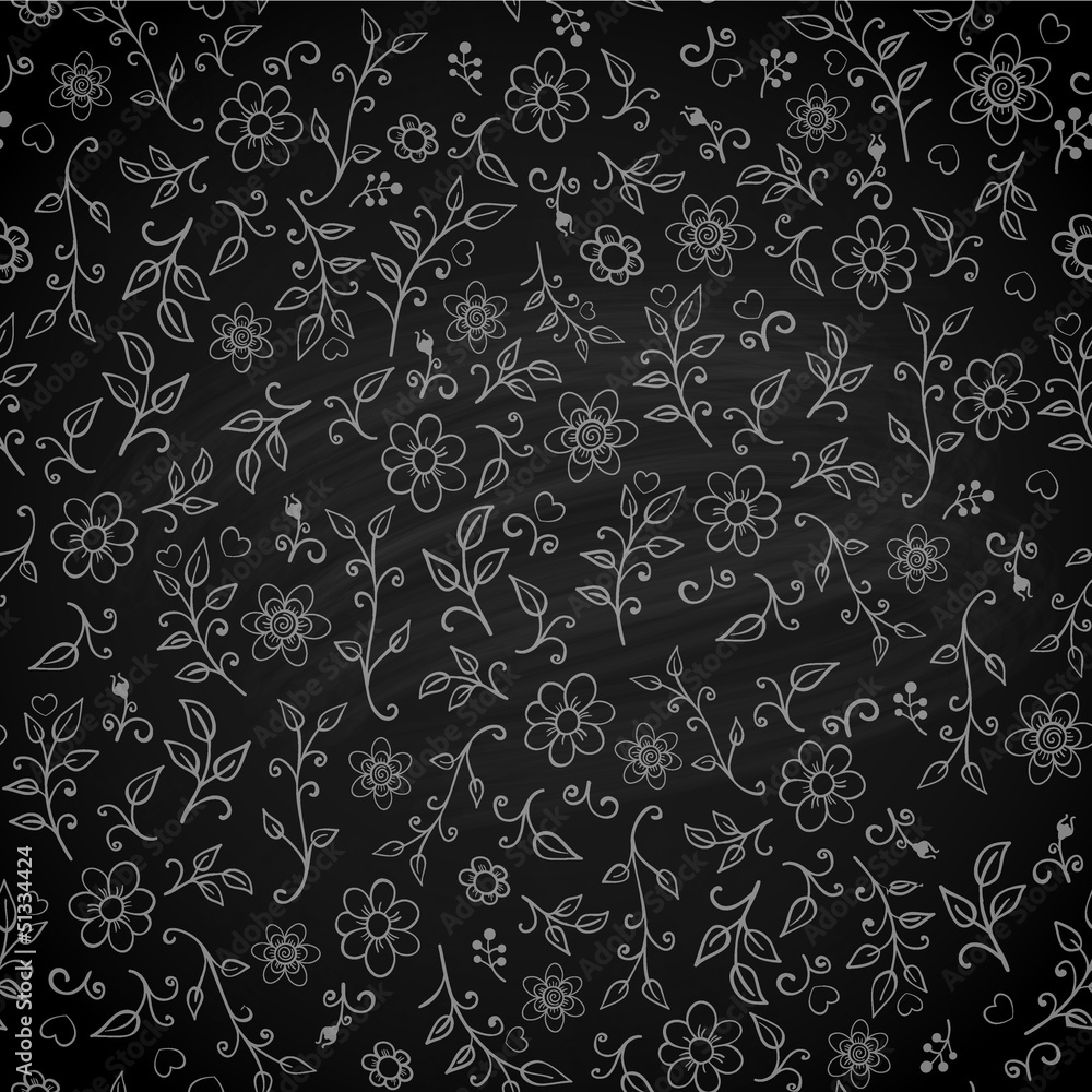 Floral seamless pattern on black chalkboard, vector