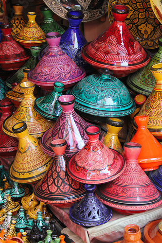 Marrakesh: colorful selection of tajines, the famous traditional photo