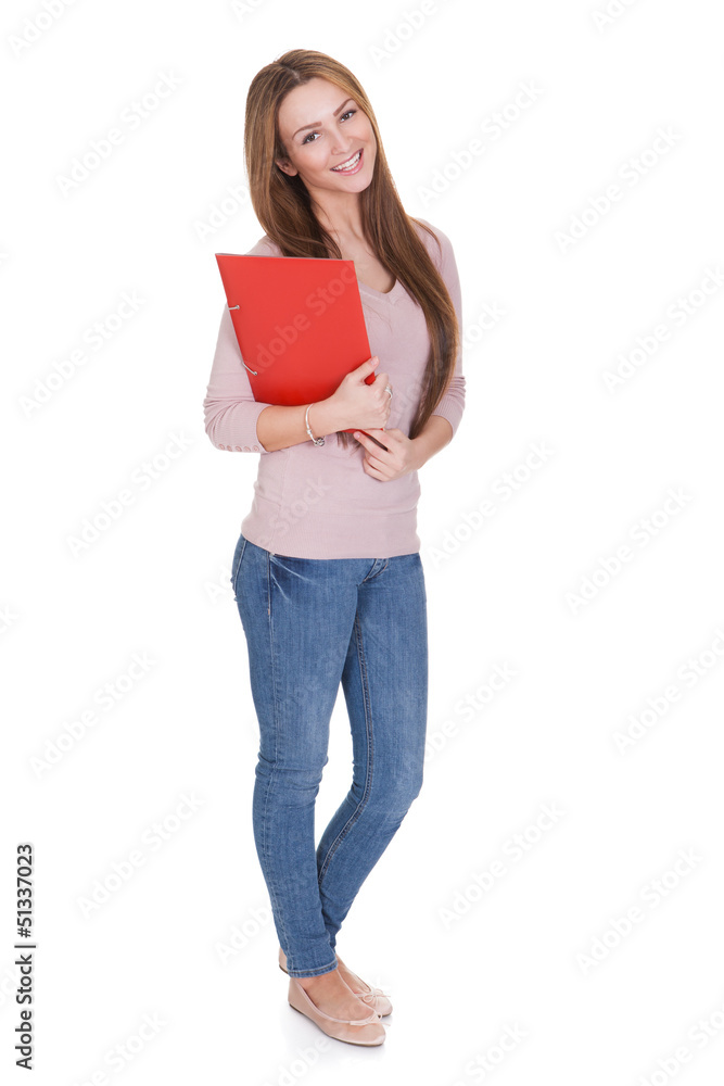 Young Woman Holding Red Folder Over White Background Young Woman Holding Red Folder Over White Background