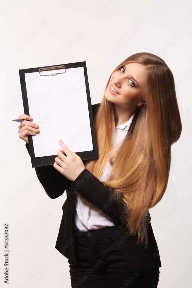 Beautiful young business woman with clipboard isolated in white Beautiful young business woman with clipboard isolated in white
