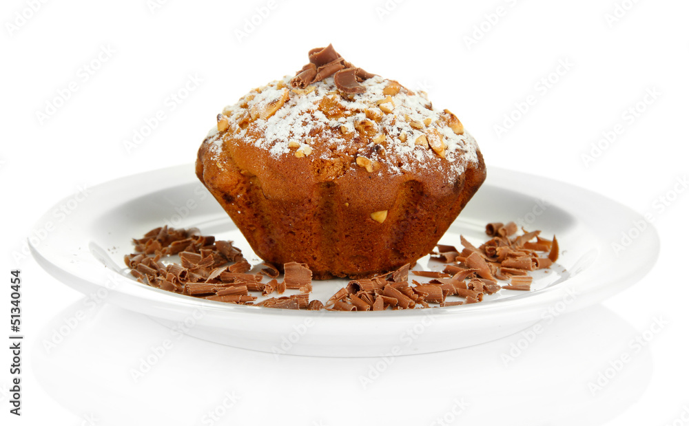 Tasty muffin cake with powdered sugar and chocolate Tasty muffin cake with powdered sugar and chocolate