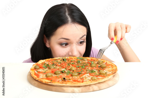 Beautiful girl with great pizza isolated on white