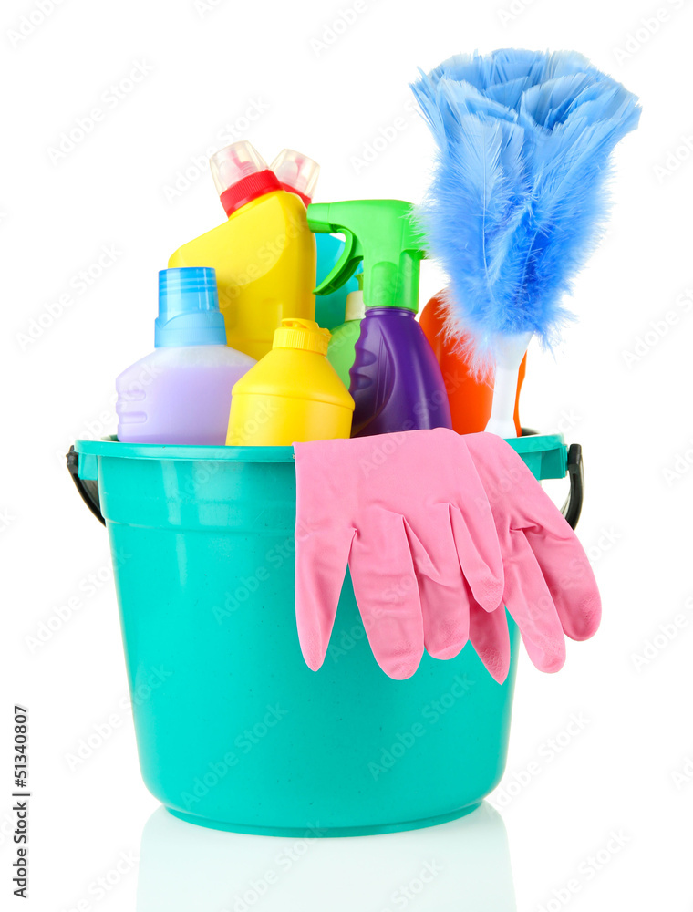 Cleaning items in bucket isolated on white Cleaning items in bucket isolated on white