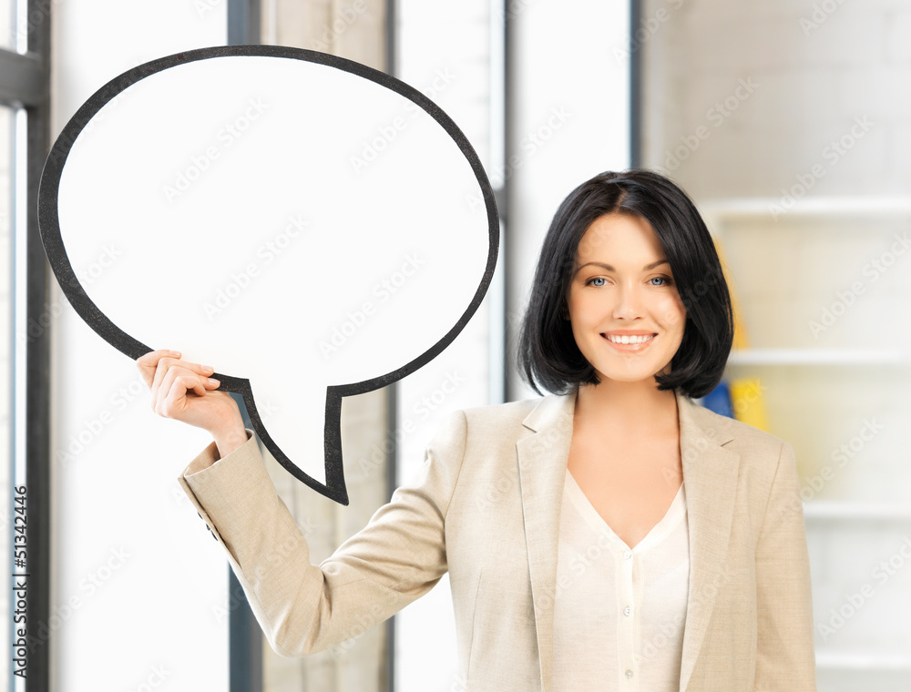 smiling businesswoman with blank text bubble smiling businesswoman with blank text bubble