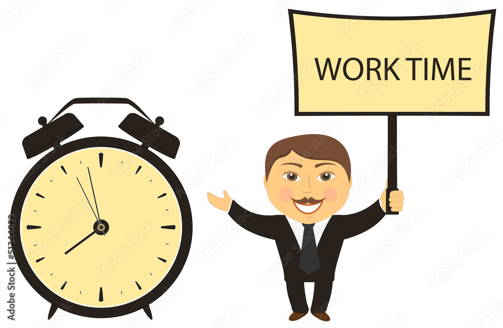 businessman chief calls for work with clock and board businessman chief calls for work with clock and board