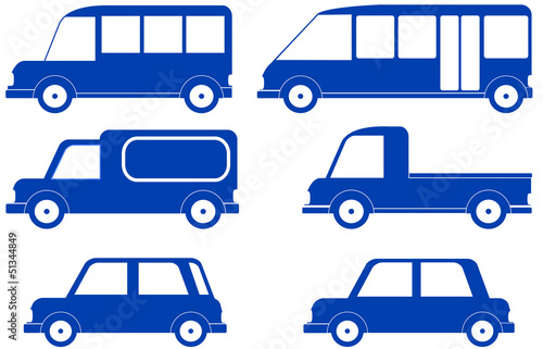 set isolated blue cars silhouette