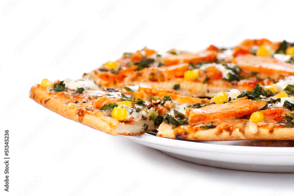 Chicken pizza on a white background Chicken pizza on a white background