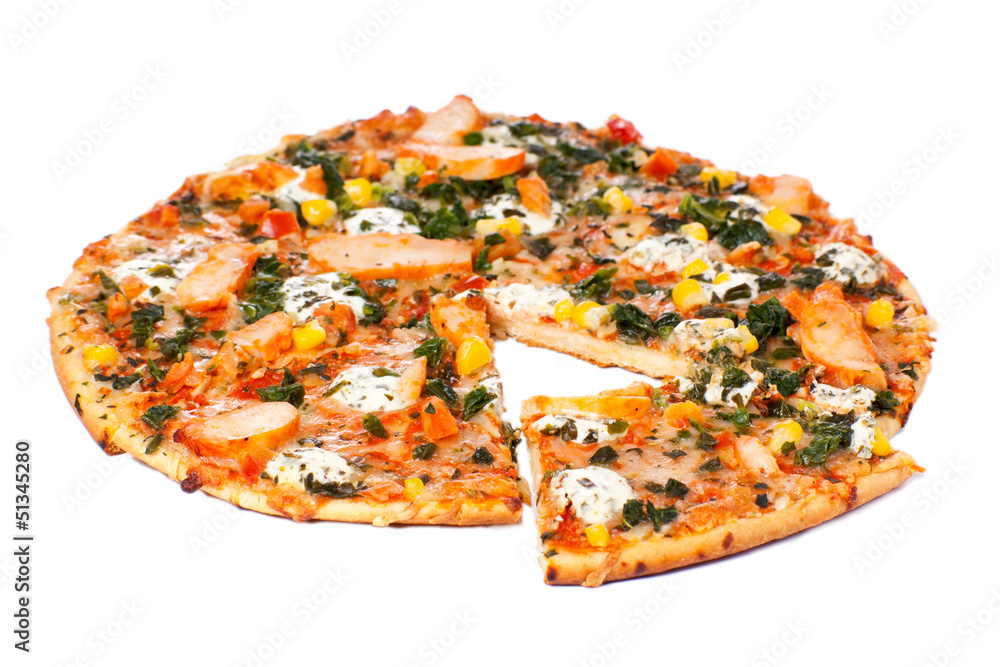 Chicken pizza on a white background Chicken pizza on a white background